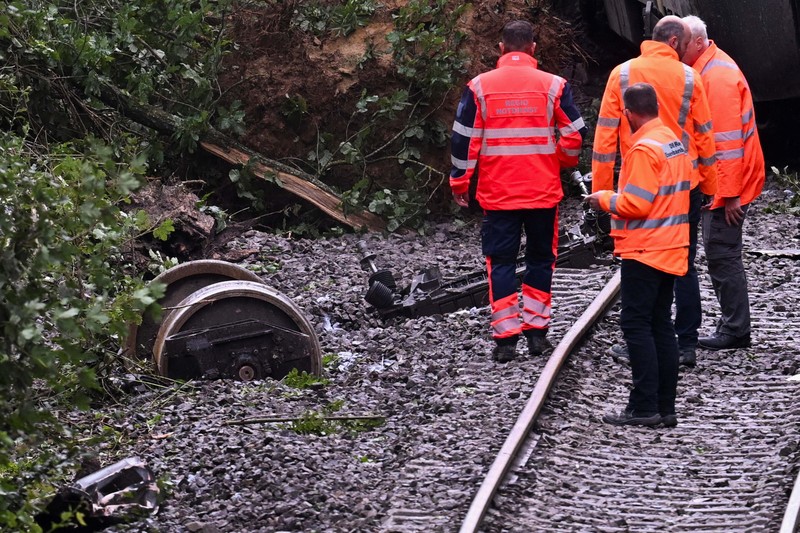 Kereta penumpang regional tergelincir di kawasan hutan dekat kota Riedlingen, negara bagian Baden-Wurttemberg, Jerman. Kereta penumpang regional tergelincir di kawasan hutan dekat kota Riedlingen, negara bagian Baden-Wurttemberg, Jerman barat daya, pada Minggu, (27/7/2025). (REUTERS/Angelika Warmuth)