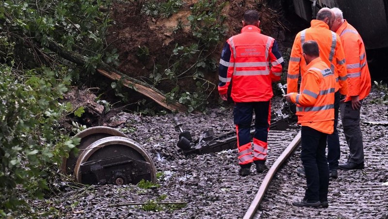 Kereta penumpang regional tergelincir di kawasan hutan dekat kota Riedlingen, negara bagian Baden-Wurttemberg, Jerman barat daya, pada Minggu, (27/7/2025). (REUTERS/Angelika Warmuth)