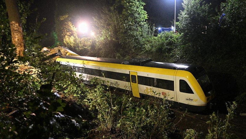 Petugas darurat bekerja di lokasi kereta lokal tergelincir yang menyebabkan kematian beberapa penumpang, di Riedlingen dekat Biberach, Jerman, 27 Juli 2025. (REUTERS/Markus Ulmer)