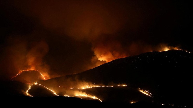 Anggota layanan darurat bekerja untuk memadamkan kebakaran hutan di Kalas, Delvina, Albania, 27 Juli 2025. (REUTERS/Florion Goga)