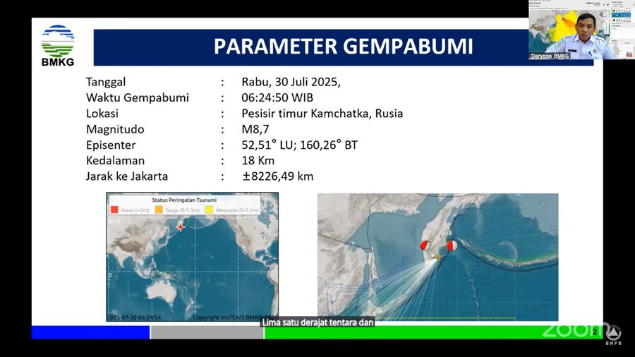 Paparan Direktur Gempa BMKG Daryono dalam Konferensi Pers Potensi Tsunami di Indonesia Pasca Gempabumi di Pesisir Timur Kamchatka, Rusia, Rabu (30/7/2025).