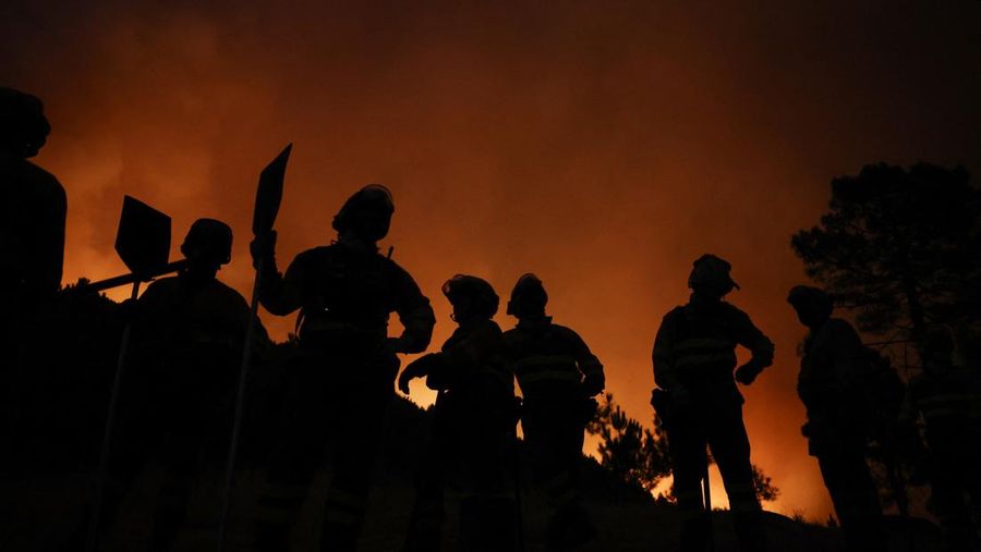 Petugas pemadam kebakaran hutan dari brigade malam Cebreros Pemerintah Castilla y Leon mengambil posisi untuk memerangi kebakaran hutan, di pinggiran El Arenal, Spanyol, 29 Juli 2025. (REUTERS/Juan Medina)