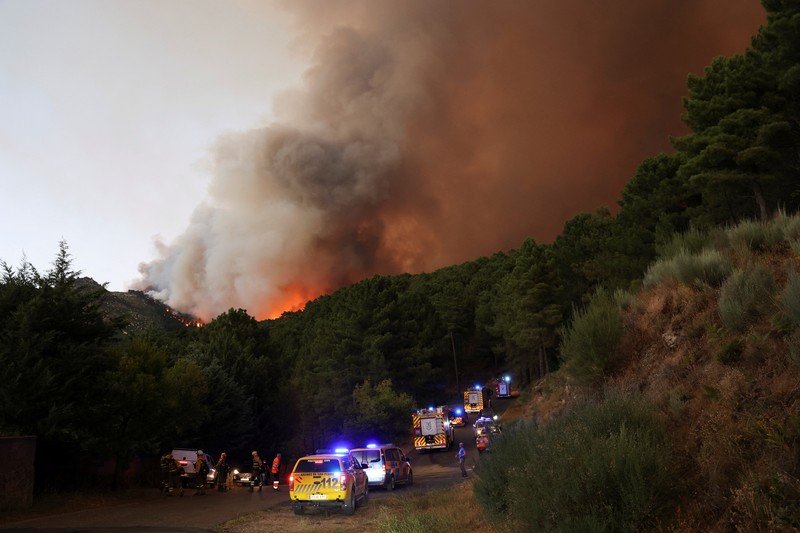 Petugas pemadam kebakaran hutan dari brigade malam Cebreros Pemerintah Castilla y Leon mengambil posisi untuk memerangi kebakaran hutan, di pinggiran El Arenal, Spanyol, 29 Juli 2025. Petugas pemadam kebakaran hutan dari brigade malam Cebreros Pemerintah Castilla y Leon mengambil posisi untuk memerangi kebakaran hutan, di pinggiran El Arenal, Spanyol, 29 Juli 2025. (REUTERS/Juan Medina)