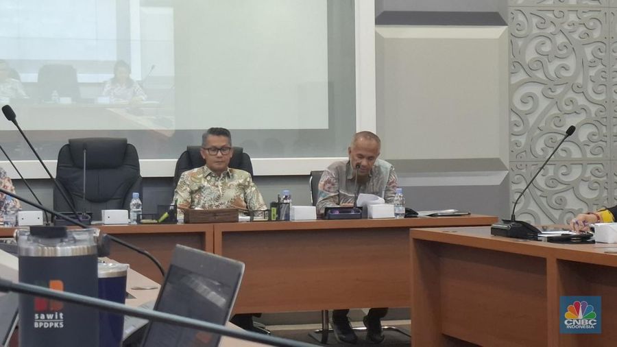 Juru Bicara Kemenperin Febri Hendri Antoni Arif memberikan paparan IKI di Gedung Kementerian Perindustrian, Kamis (31/7/2025). (CNBC Indonesia/Chandra Dwi Pranata
)