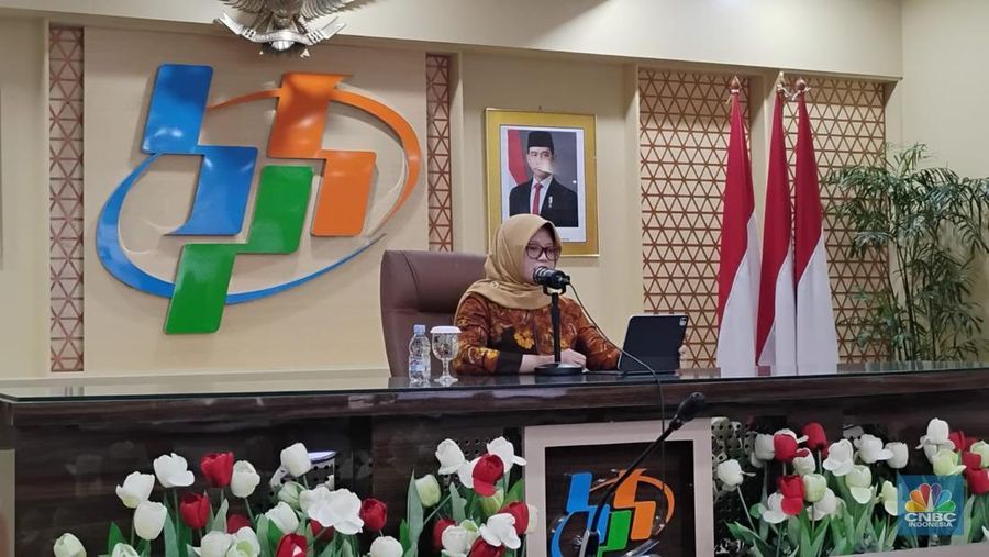 Deputi bidang Statistik Distribusi dan Jasa, BPS, Pudji Ismartini saat menyampaikan rilis BPS, Jumat (1/8/2025). (CNBC Indonesia/Arrijal Rachman)