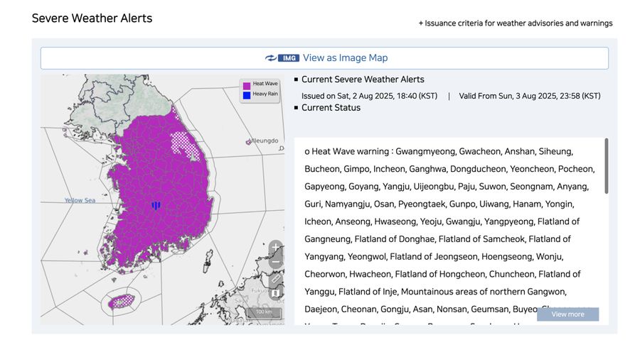 Peringatan gelombang panas melanda wilayah Seoul, Korea Selatan dirilis tanggal 2 Agustus 2025. (Tangkapan Layar/Korea Meteorological Administration)