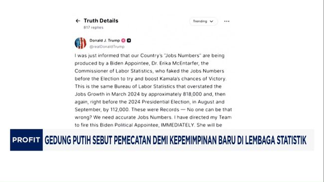 Video: Revisi Data Tenaga Kerja, Trump Pecat Bos Biro Statistik AS