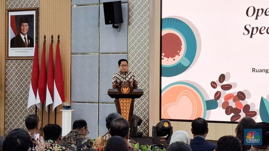 Wakil Menteri Perindustrian (Wamenperin) Faisol Riza di acara Business Matching dan Pameran Specialty Indonesia 2025, di Gedung Kemenperin, Senin (4/8/2025). (CNBC Indonesia/Ferry Sandi)