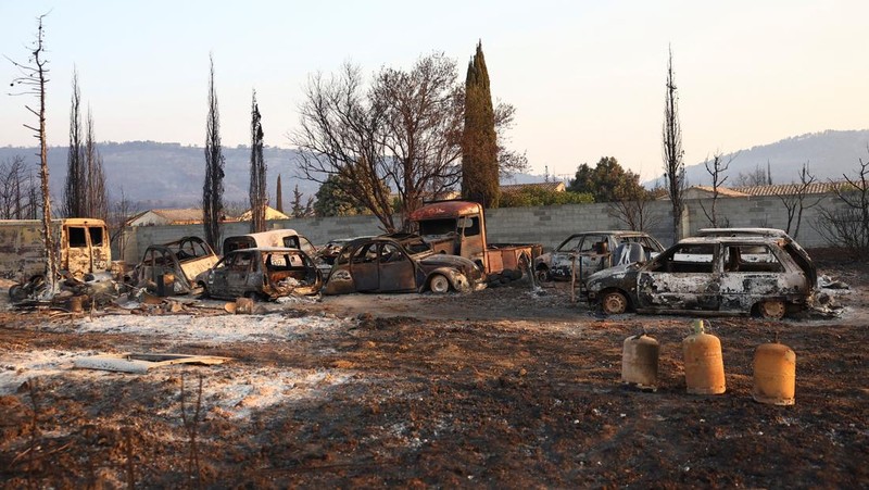 Trees burn during a wildfire near in Saint-Laurent-de-la-Cabrerisse, southern France, August 6, 2025. REUTERS/Abdul Saboor