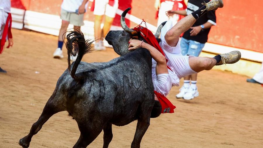 A reveller is tossed by a wild cow at the bullring, at the San Fermin festival in Pamplona, Spain, July 14, 2025. REUTERS/Albert Gea TPX IMAGES OF THE DAY