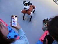 Media members film a Baby Alpha robot dog during an organised media tour to Robot Mall, a store selling humanoid and other robots, in Beijing, China August 6, 2025. REUTERS/Florence Lo     TPX IMAGES OF THE DAY