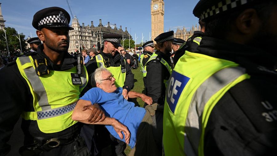 Polisi di London telah menangkap ratusan orang yang berunjuk rasa mendukung Palestina dalam kelompok Palestine Action. (Photo by Chris J Ratcliffe / AFP)