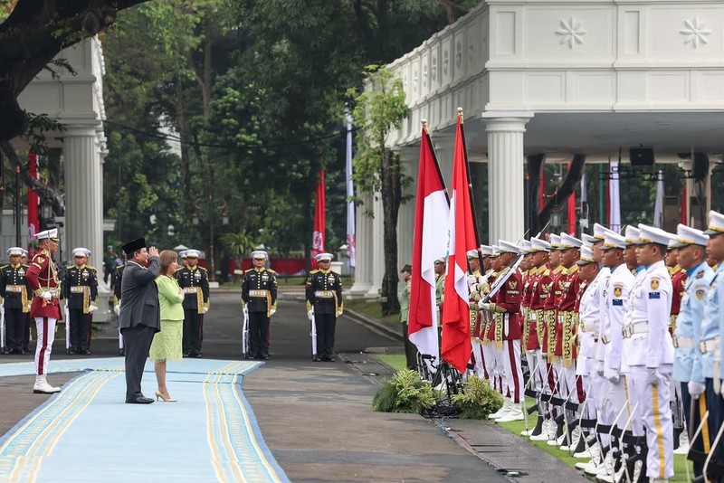 Presiden Republik Indonesia Prabowo Subianto menerima kunjungan Presiden Republik Peru Dina Ercilia Boluarte Zegarra di Istana Merdeka, Jakarta Pusat, Senin (11/8/2025). (Instagram/prabowo)