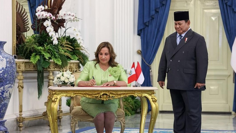 Presiden Republik Indonesia Prabowo Subianto menerima kunjungan Presiden Republik Peru Dina Ercilia Boluarte Zegarra di Istana Merdeka, Jakarta Pusat, Senin (11/8/2025). (Instagram/prabowo)