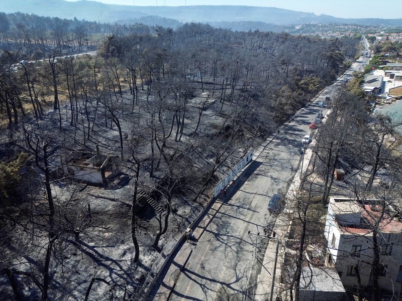 Foto udara menunjukkan dampak akibat kebakaran hutan di dekat Erenkoy, Canakkale, Turki, Selasa (12/8/2025). (REUTERS/Efekan Akyuz) Foto udara menunjukkan dampak akibat kebakaran hutan di dekat Erenkoy, Canakkale, Turki, Selasa (12/8/2025). (REUTERS/Efekan Akyuz)