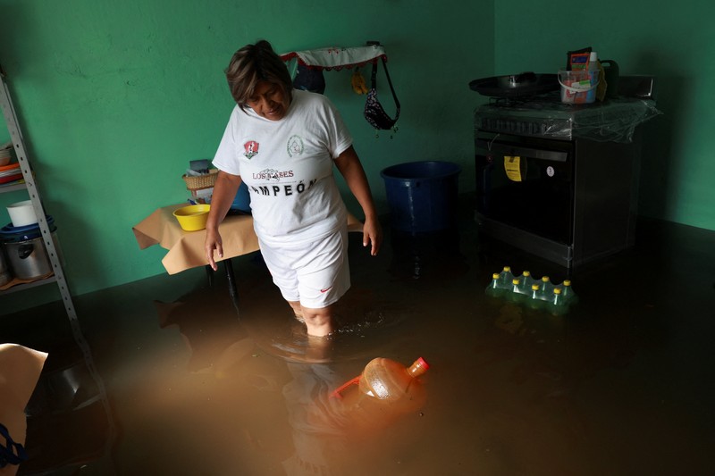Banjir merendam rumah warga di Nezahualcoyotl, di pinggiran Kota Meksiko, Meksiko. Foto udara menunjukkan banjir merendam rumah warga di Nezahualcoyotl, di pinggiran Kota Meksiko, Meksiko, Selasa (12/8/2025). (REUTERS/Henry Romero)
