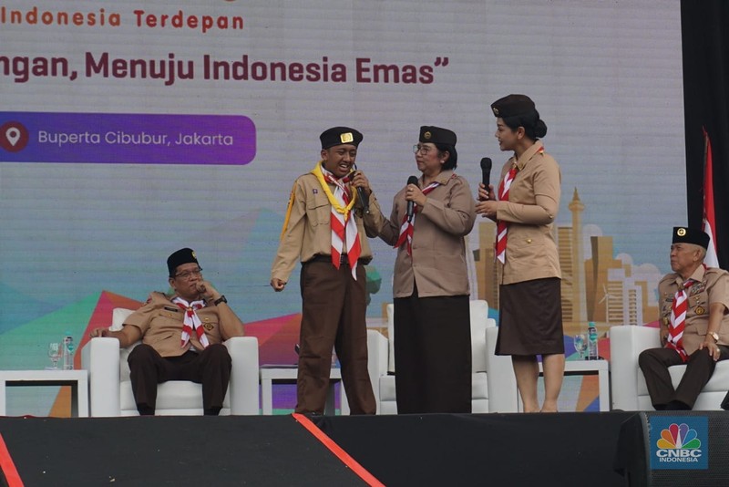 Anggota Komite Stabilitas Sistem Keuangan (KSSK) terdiri dari Menteri Keuangan, Gubernur Bank Indonesia, Ketua Dewan Komisioner Otoritas Jasa Keuangan (OJK), dan Ketua Dewan Komisioner Lembaga Penjamin Simpanan (LPS), KSSK menggelar LIKE IT (Literasi Keuangan Indonesia Terdepan) di Bumi Perkemahan Cibubur, Jakarta, Kamis, (14/8/2025). (CNBC Indonesia/Muhammad Sabki)