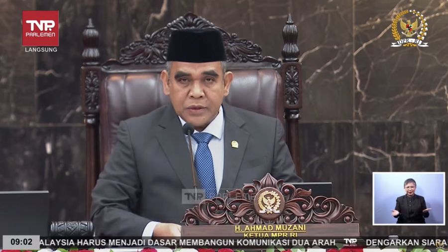 Ketua MPR RI, Ahmad Muzani saat dalam Sidang Tahunan 2025 di Gedung MPR/DPR RI, Jakarta, Jumat (15/8/2025). (Tangkapan Layar Youtube/DPR RI)