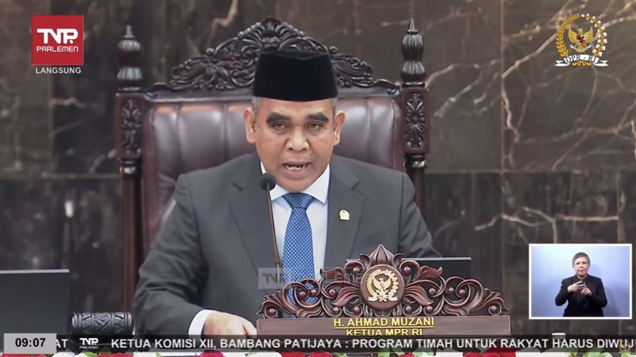 Ketua MPR RI, Ahmad Muzani saat dalam Sidang Tahunan 2025 di Gedung MPR/DPR RI, Jakarta, Jumat (15/8/2025). (Tangkapan Layar Youtube/DPR RI)