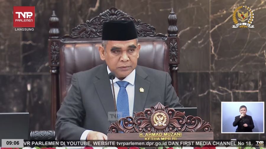Ketua MPR RI, Ahmad Muzani saat dalam Sidang Tahunan 2025 di Gedung MPR/DPR RI, Jakarta, Jumat (15/8/2025). (Tangkapan Layar Youtube/DPR RI)