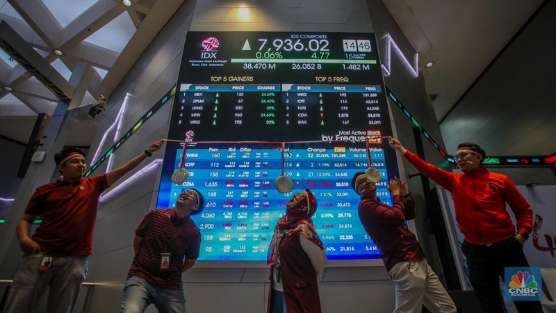 Layar menampilkan pergerakan Indeks Harga Saham Gabungan (IHSG) di Gedung Bursa Efek Indonesia, Jakarta, Jumat (15/8/2025). (Srealm Indonesia/Faisal Rahman)