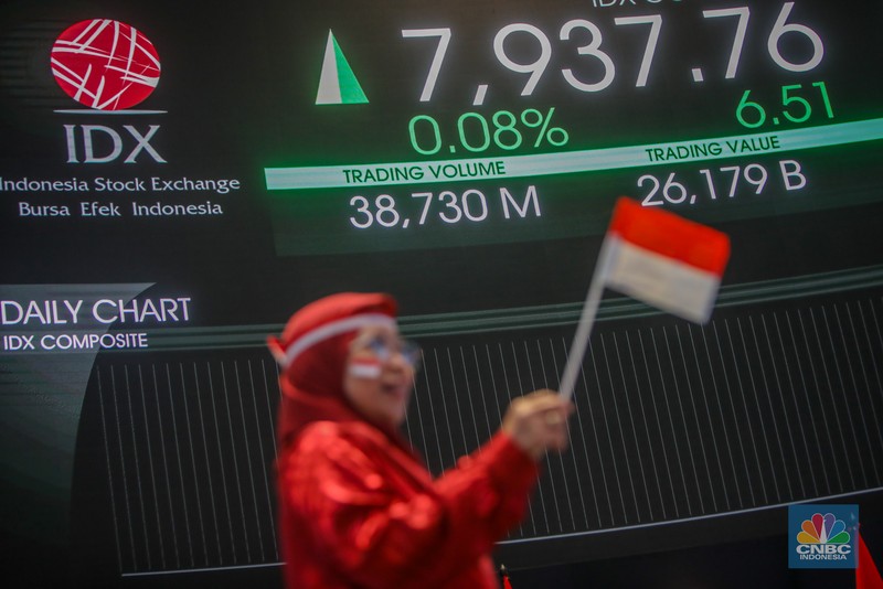 Layar menampilkan pergerakan Indeks Harga Saham Gabungan (IHSG) di Gedung Bursa Efek Indonesia, Jakarta, Jumat (15/8/2025). (CNBC Indonesia/Faisal Rahman)