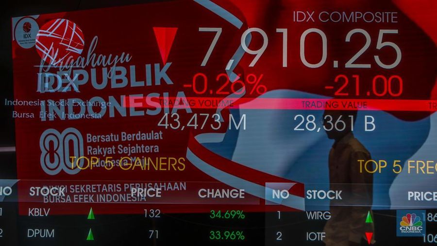 Layar menampilkan pergerakan Indeks Harga Saham Gabungan (IHSG) di Gedung Bursa Efek Indonesia, Jakarta.