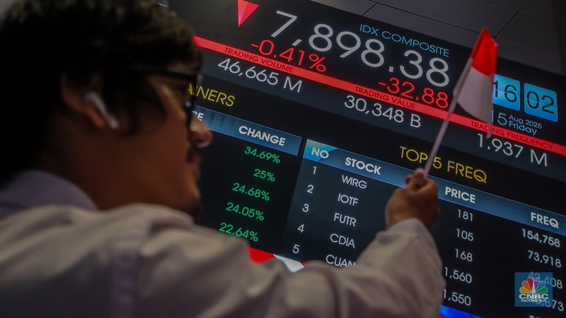 Layar menampilkan pergerakan Indeks Harga Saham Gabungan (IHSG) di Gedung Bursa Efek Indonesia, Jakarta, Jumat (15/8/2025). (CNBC Indonesia/Faisal Rahman)