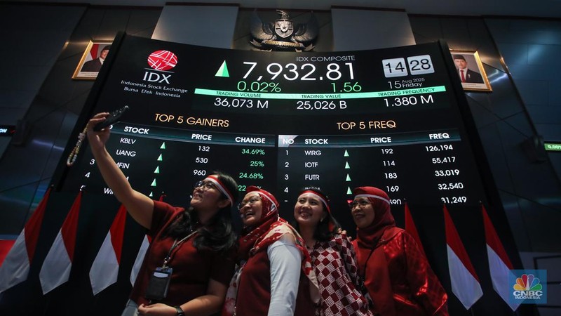 Layar menampilkan pergerakan Indeks Harga Saham Gabungan (IHSG) di Gedung Bursa Efek Indonesia, Jakarta, Jumat (15/8/2025). (CNBC Indonesia/Faisal Rahman)