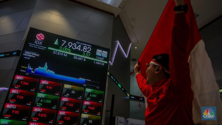 Layar menampilkan pergerakan Indeks Harga Saham Gabungan (IHSG) di Gedung Bursa Efek Indonesia, Jakarta, Jumat (15/8/2025). (CNBC Indonesia/Faisal Rahman)