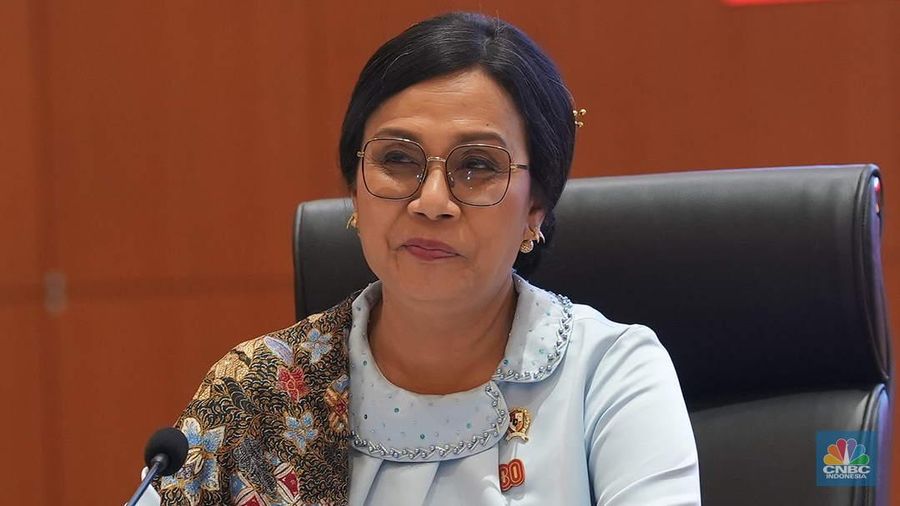Menteri Keuangan Sri Mulyani dalam konferensi pers RAPBN & Nota Keuangan Tahun Anggaran 2026 di Aula Chakti Budhi Bhakti (CBB),  Kantor Pusat Direktorat Jenderal Pajak, Jakarta, Jumat, (15/8/2025). CNBC Indonesia/Muhammad Sabki)