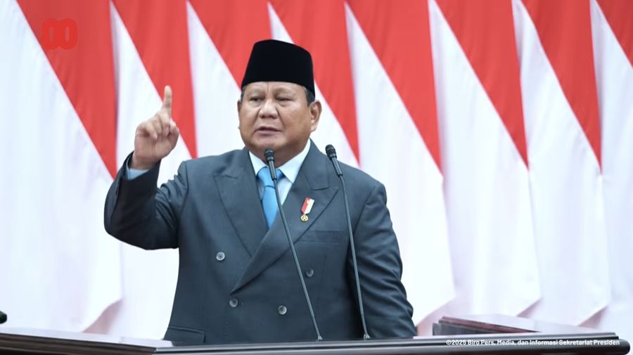 Presiden Prabowo Subianto menyampaikan pidato dalam Sidang Tahunan 2025 di Gedung MPR/DPR RI, Jakarta, Jumat (15/8/2025). (Tangkapan Layar Youtube/Sekretariat Presiden)