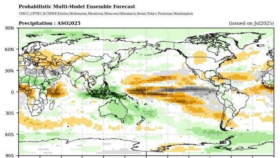 Prakiraan probabilistik suhu udara permukaan dan curah hujan untuk musim Agustus-Oktober 2025.(Dok. World Meteorological Organization)