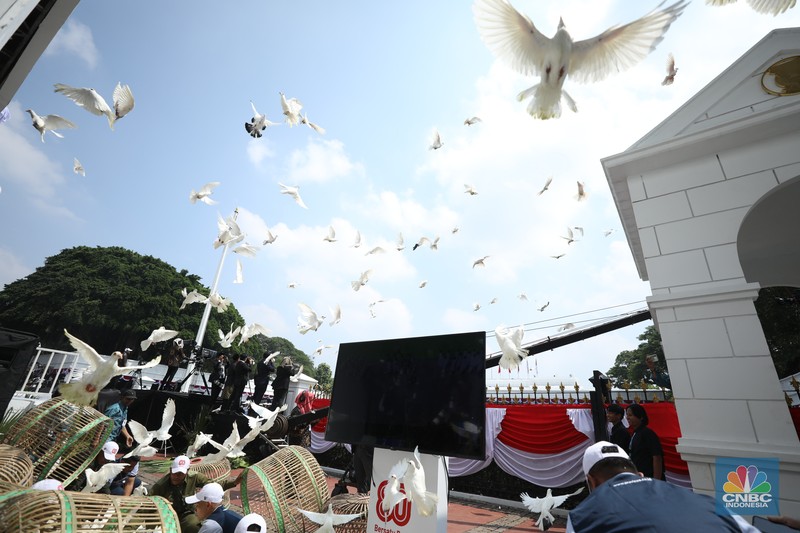 Merpati-merpati berwarna putih turut memeriahkan perayaan Hari Ulang Tahun (HUT) Ke-80 RI di halaman Istana Merdeka, Jakarta, Minggu (17/8/2025). Merpati-merpati berwarna putih turut memeriahkan perayaan Hari Ulang Tahun (HUT) Ke-80 RI di halaman Istana Merdeka, Jakarta, Minggu (17/8/2025). (CNBC Indonesia/Tri Susilo)