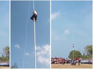 Tali Pengait Lepas, Siswa SD di Lampung Panjat Tiang Bendera Setinggi 12 Meter