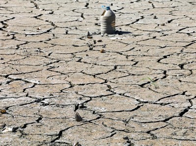 Sebuah botol plastik berdiri di atas tanah yang kering dan retak, di cekungan Bendungan Turkmenli yang kering, tempat air pernah menenggelamkan lanskap, di Marmara Ereglisi, di provinsi Tekirdag barat laut, Turki, 11 Agustus 2025. (REUTERS/Murad Seze