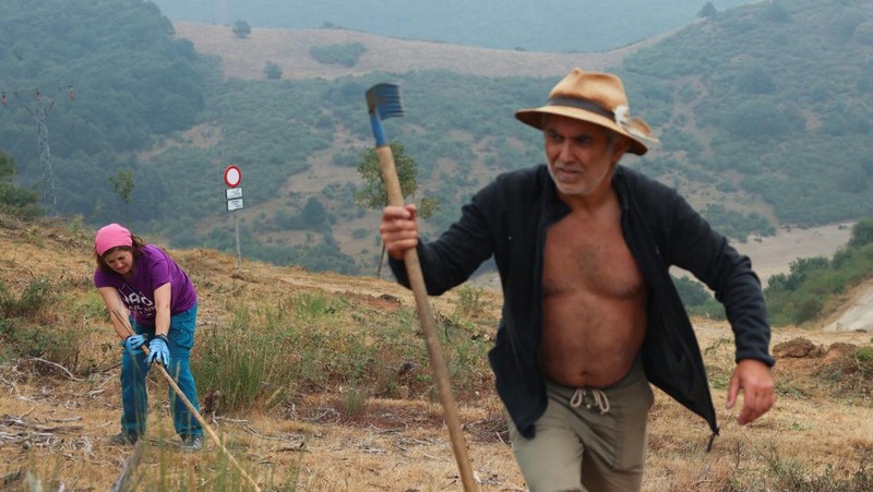 Manuel Carretero, 12, dan penduduk lainnya membersihkan semak-semak dan tumbuhan untuk mencegah kebakaran hutan mencapai desa, di Riano, dekat Leon, Spanyol, 18 Agustus 2025. (REUTERS/Nacho Doce)