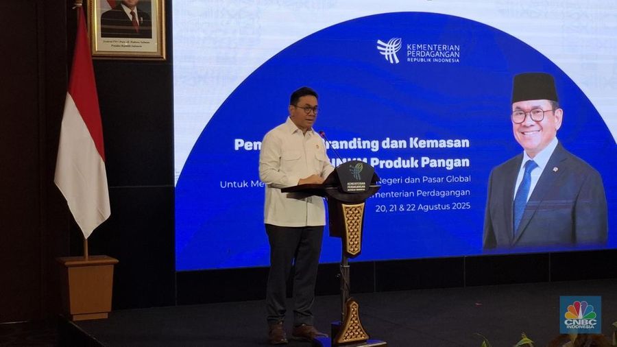 Menteri Perdagangan (Mendag) Budi Santoso saat meluncurkan Program Penguatan Branding dan Kemasan UMKM di Gedung Kementerian Perdagangan (Kemendag), Rabu (20/8/2025). (CNBC Indonesia/Chandra Dwi Pranata)