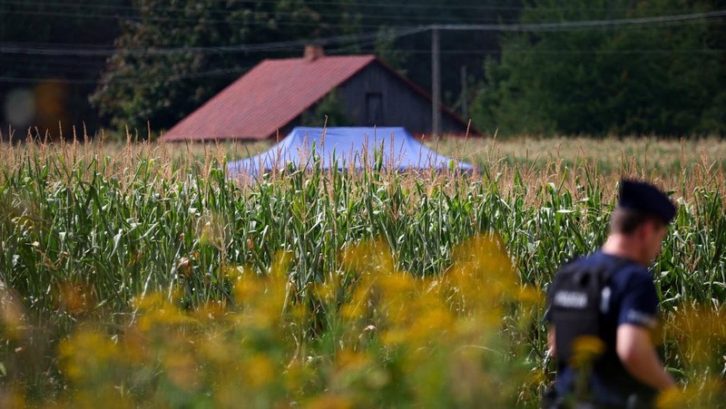 Sebuah benda tak dikenal jatuh dan meledak di ladang jagung semalam di Polandia timur, Rabu (20/8/2025). (REUTERS/Kacper Pempel)