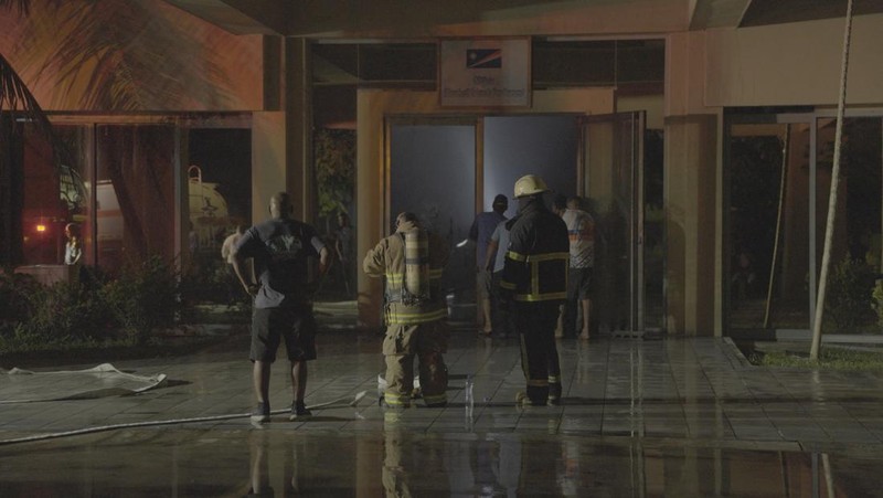 The charred remains of the national parliament of the Marshall Islands, following a fire, in Majuro, Marshall Islands, August 26, 2025, in this screengrab obtained from social media. Chewy Lin/via REUTERS  THIS IMAGE HAS BEEN SUPPLIED BY A THIRD PARTY. MANDATORY CREDIT. NO RESALES. NO ARCHIVES. VERIFICATION: Building structure, signage and the badge on the firefighters match file images. Date verified by the metadata on the file