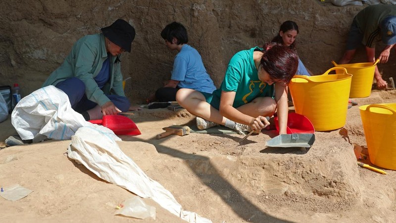 A drone view shows archaeologists working at the excavation site where a presumably dated 1.8-million-year-old lower jawbone belonging to an early species of human was found, in the village of Kvemo Orozmani, Georgia August 15, 2025. REUTERS/Irakli Gedenidze