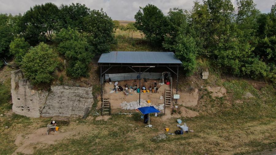 A drone view shows archaeologists working at the excavation site where a presumably dated 1.8-million-year-old lower jawbone belonging to an early species of human was found, in the village of Kvemo Orozmani, Georgia August 15, 2025. REUTERS/Irakli Gedenidze