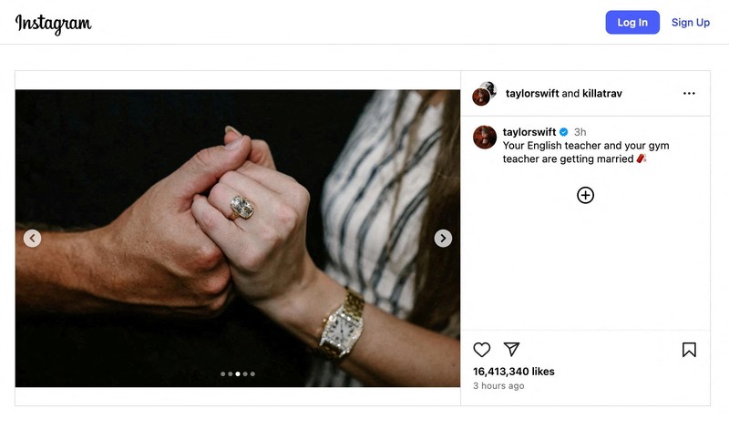 MUSIC-TAYLOR SWIFT/ENGAGEMENT Sebuah unggahan Instagram bertuliskan