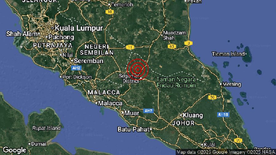 Gempa bumi mengguncang Segamat, Johor, Malaysia dengan magnitudo 2,5 M dengan kedalaman 10km pada Kamis (28/8/2025). (X/@metmalaysia)