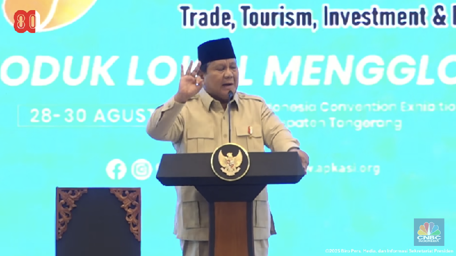 Pidato Presiden RI, Prabowo Subianto dalam acara Pembukaan APKASI Otonomi Expo 2025, Tangerang, 28 Agustus 2025. (Tangkapan Layar Youtube)
