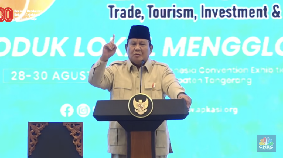 Pidato Presiden RI, Prabowo Subianto dalam acara Pembukaan APKASI Otonomi Expo 2025, Tangerang, 28 Agustus 2025. (Tangkapan Layar Youtube)