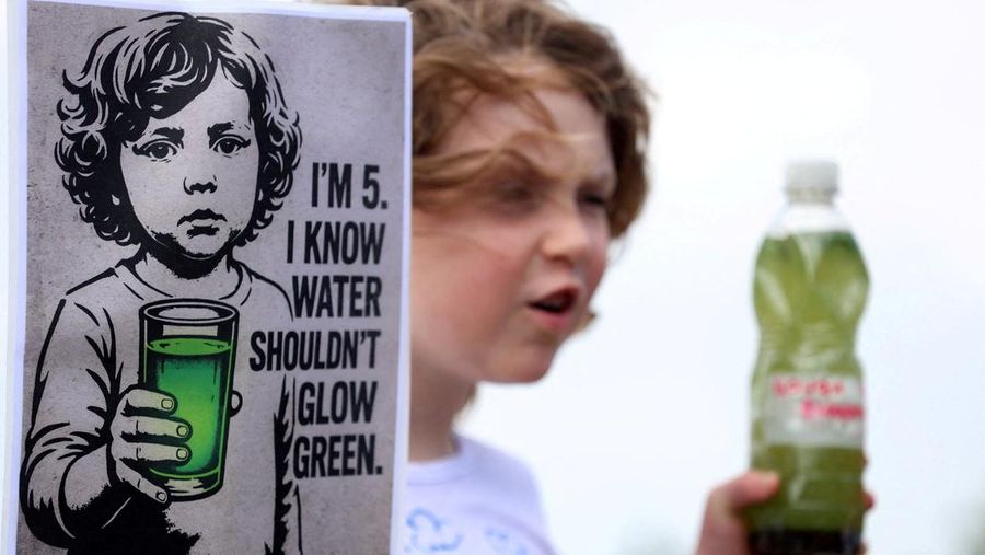 Alga biru-hijau yang mekar, juga dikenal sebagai cyanobacteria, terdampar di Battery Harbour di Lough Neagh di Cookstown, Irlandia Utara, 19 Agustus 2025. Alga biru-hijau yang mekar, juga dikenal sebagai cyanobacteria, terdampar di Battery Harbour di Lough Neagh di Cookstown, Irlandia Utara, 19 Agustus 2025. (REUTERS/Cathal McNaughton)