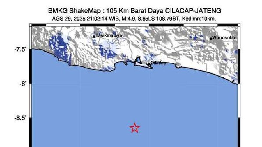 Gempa Bumi tektonik dengan magnitudo 4,9 M dirasakan di Pangandaran, Jawa Barat. (Dok. BMKG)