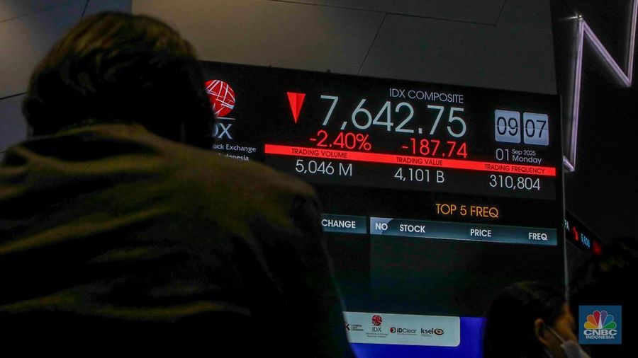 Layar menampilkan pergerakan Indeks Harga Saham Gabungan (IHSG) di Kantor Bursa Efek Indonesia (BEI), Jakarta, Senin (1/9/2025). (CNBC Indonesia/Faisal Rahman)