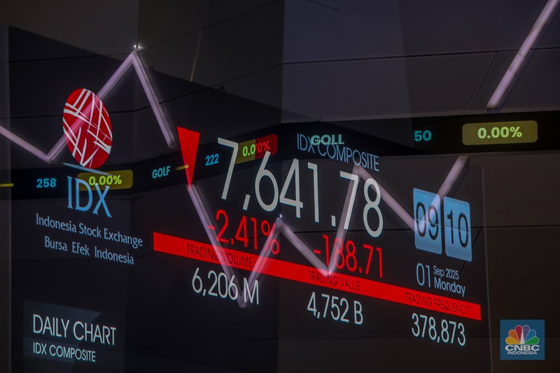 Layar menampilkan pergerakan Indeks Harga Saham Gabungan (IHSG) di Kantor Bursa Efek Indonesia (BEI), Jakarta, Senin (1/9/2025). Layar menampilkan pergerakan Indeks Harga Saham Gabungan (IHSG) di Kantor Bursa Efek Indonesia (BEI), Jakarta, Senin (1/9/2025). (CNBC Indonesia/Faisal Rahman)